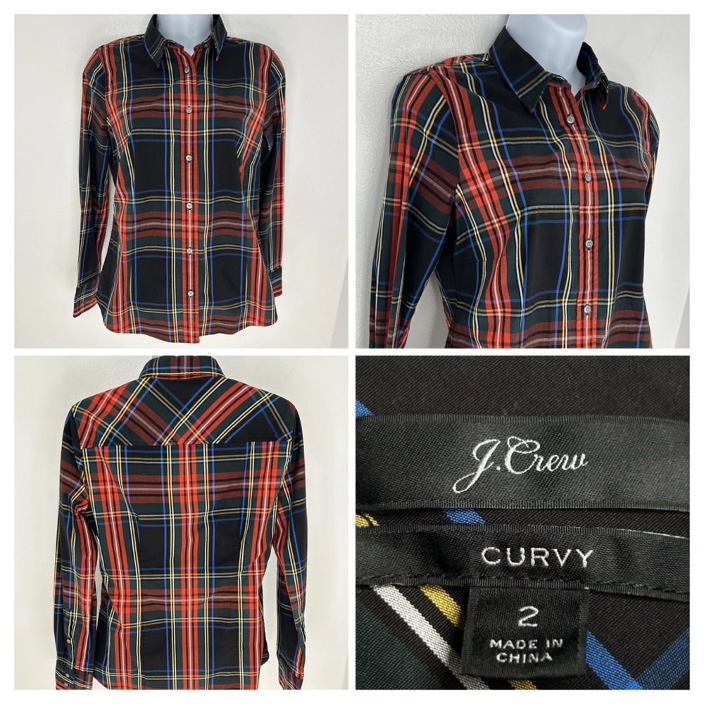J. CREW Curvy Tartan Plaid‎ Button Down Shirt Size 2 Red Black Holiday Preppy